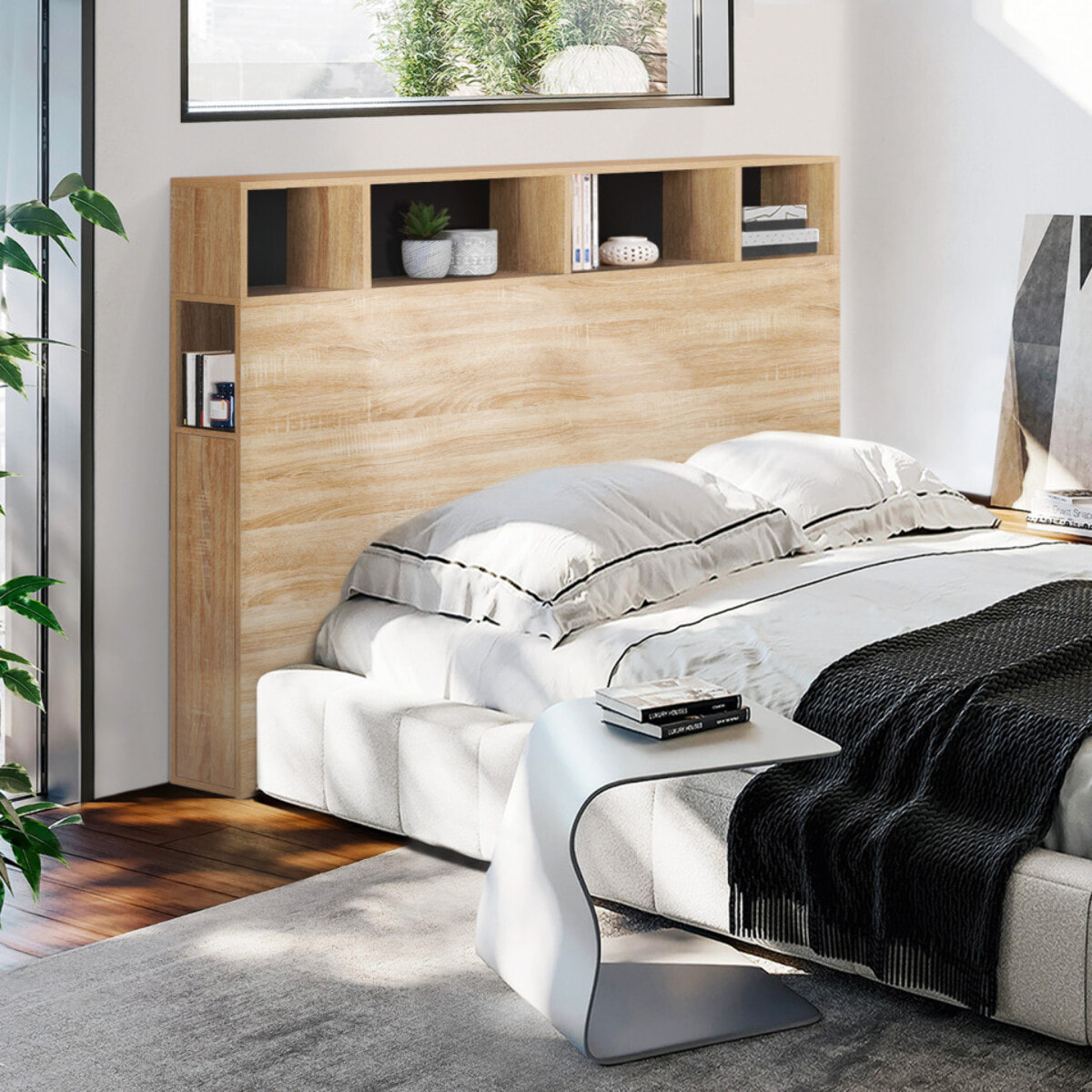 Tête de lit Léo bois et noire avec rangements 145cm