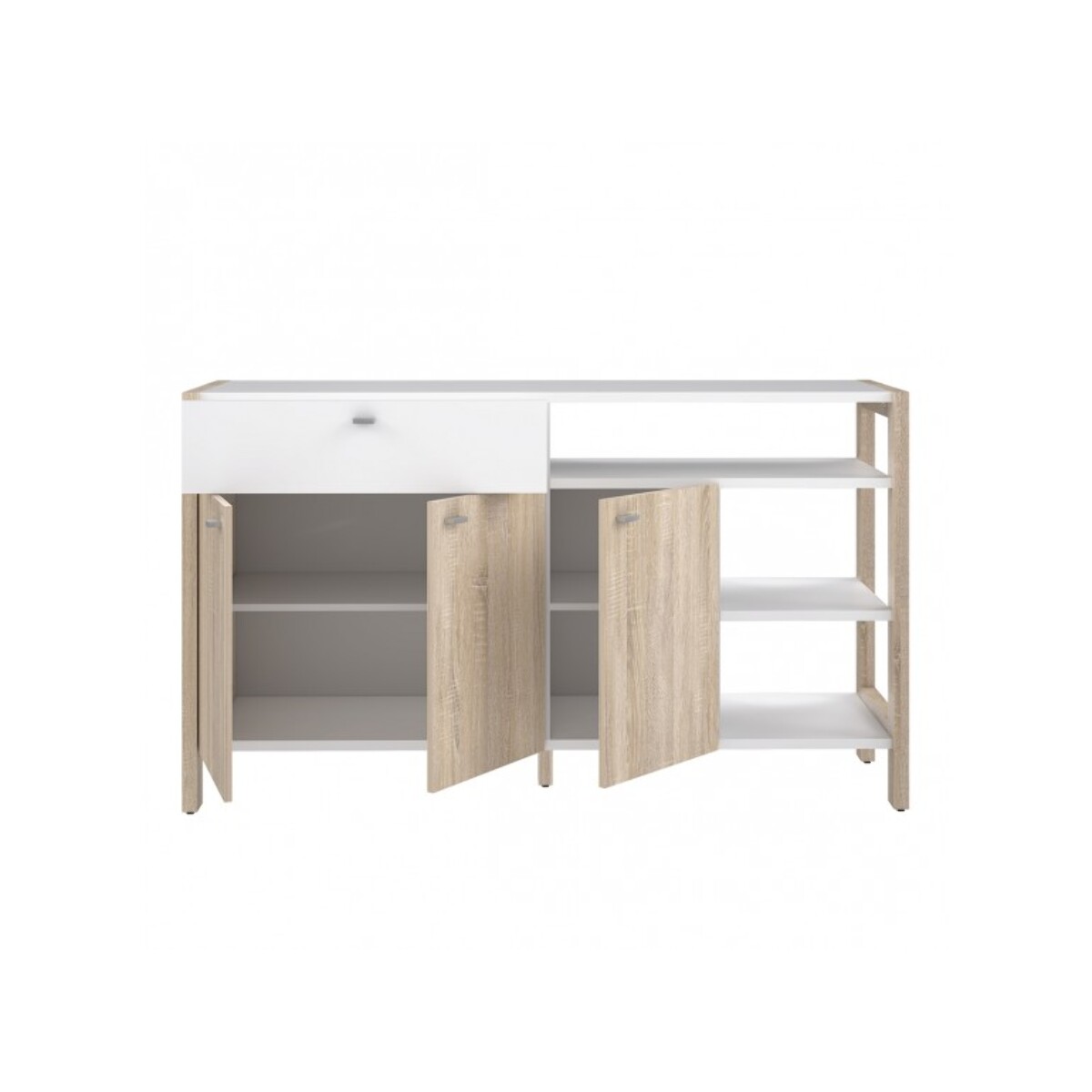 Buffet 3 portes 1 tiroir 3 étagères blanc en chêne clair - SCANDI