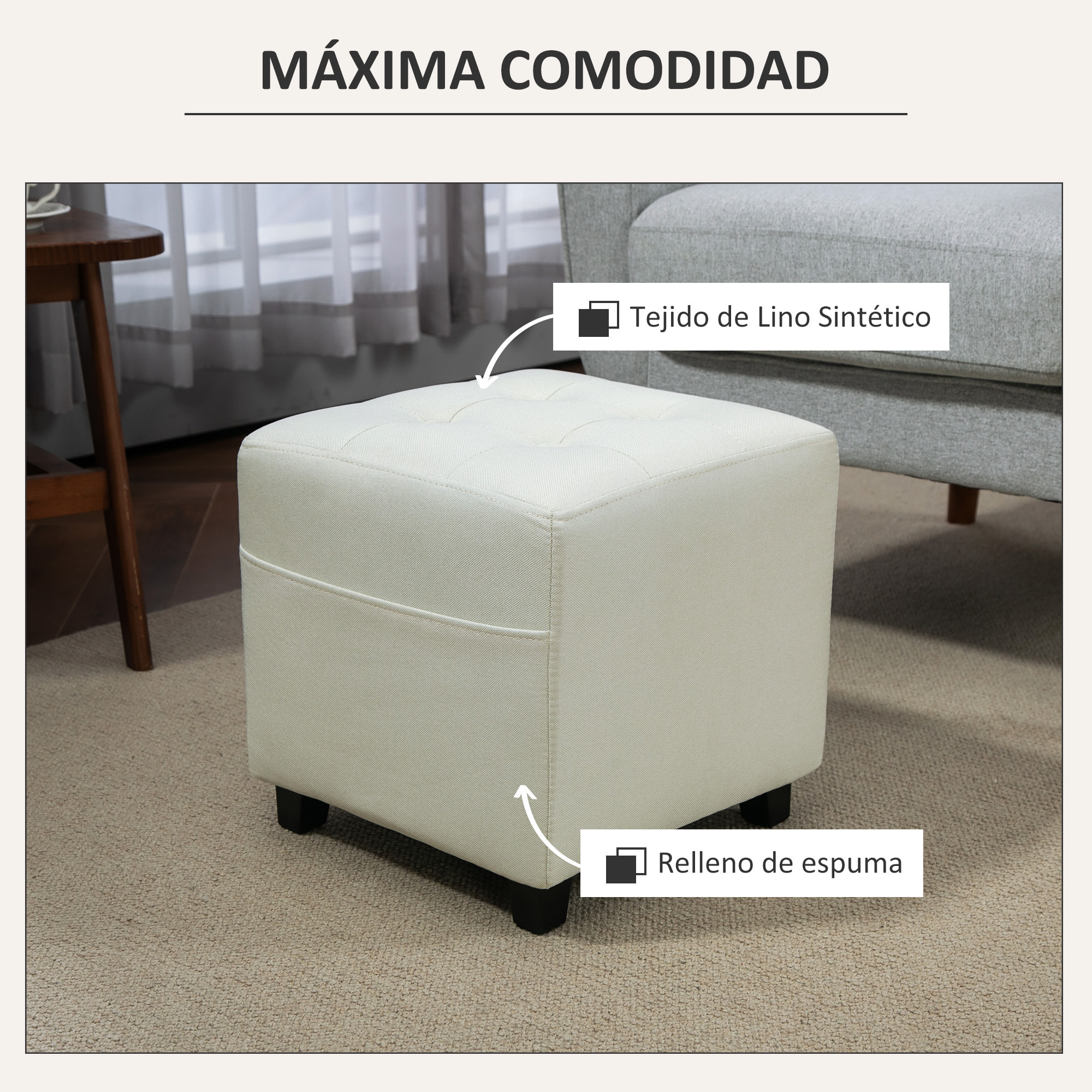 Reposapiés de Salón Taburete Bajo Tapizado en Lino Otomana Cuadrada con Bolsillo Lateral Tapa con Botones Acolchados y Marco de Madera para Sala de Estar Dormitorio Crema