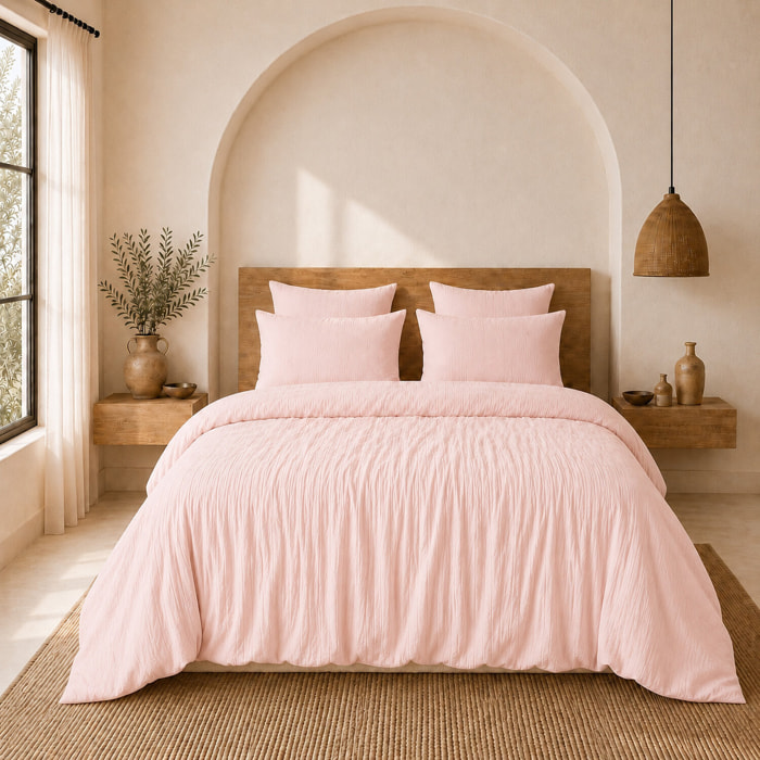 Parure housse de couette gaze de coton lavé rose lotus