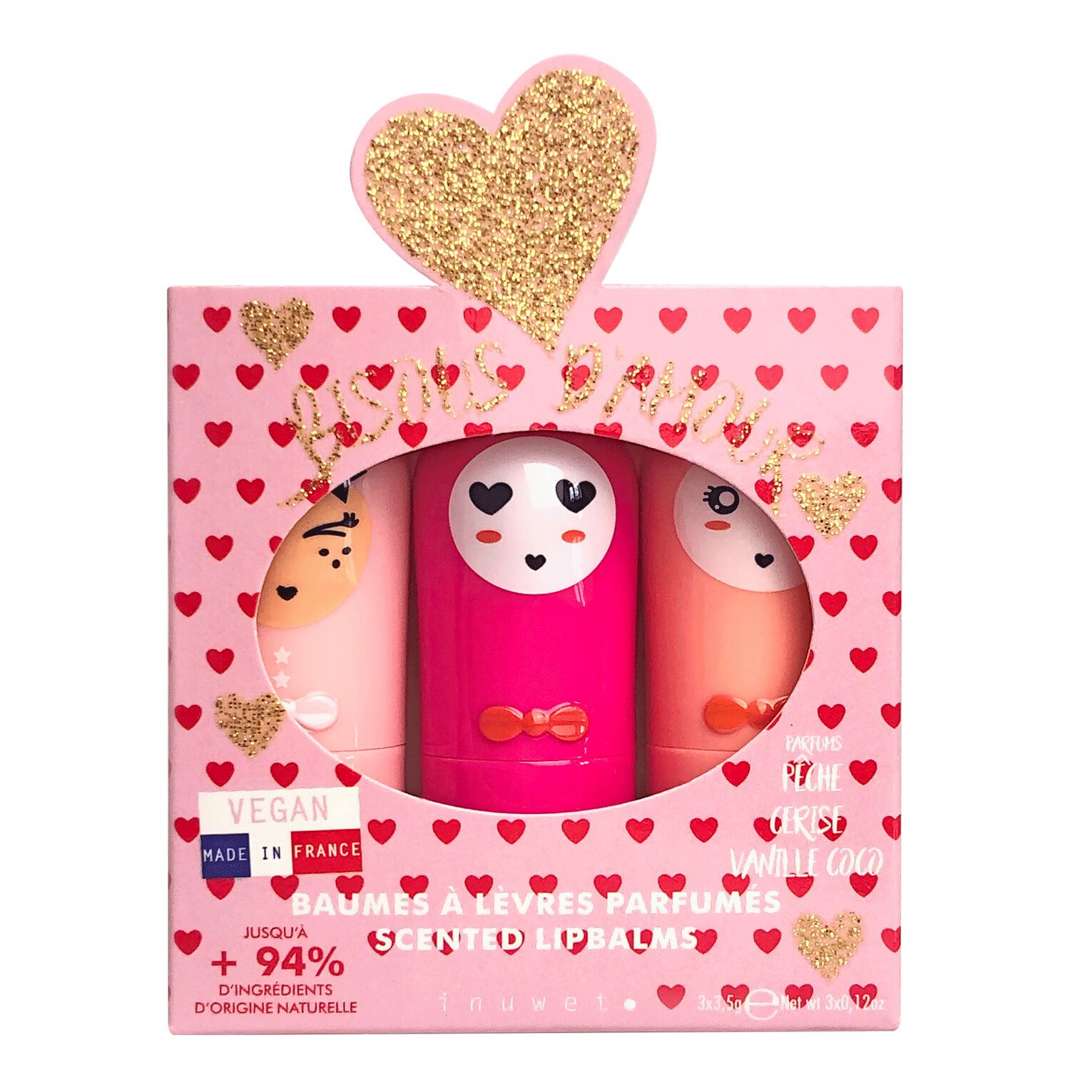 Bisou d'Amour - Coffret 3 Baumes à Lèvres Pêche Cerise et Vanille-Coco