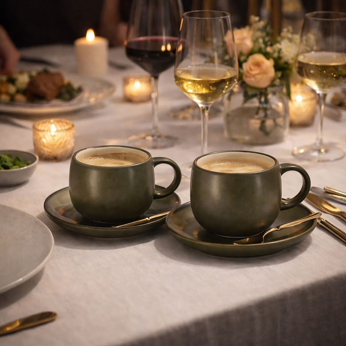 Lot de 6 tasses 22cl avec soucoupe en grès vert OLI