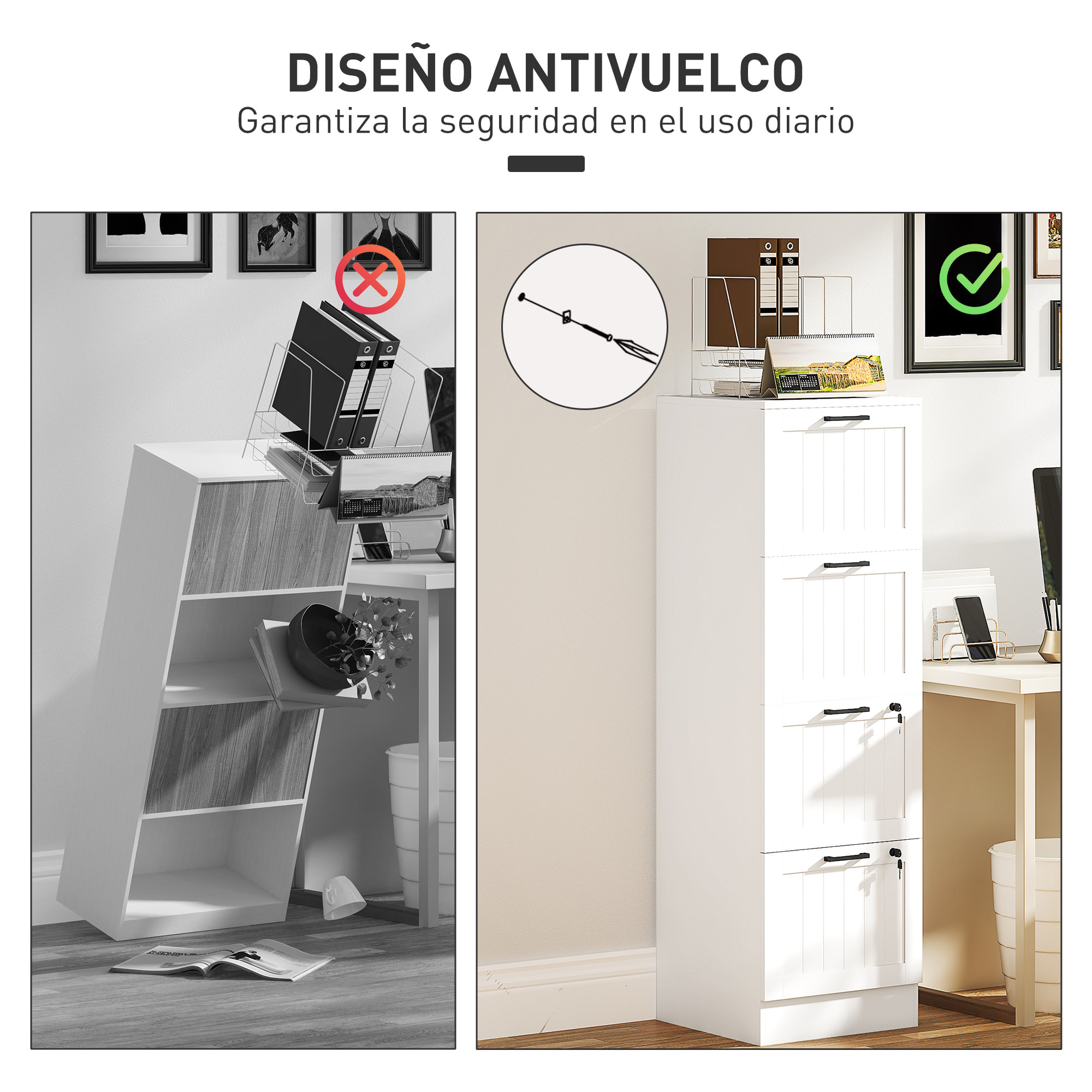 Cajonera Escritorio con 4 Cajones, Cajonera de Oficina, Mueble Archivador, con 2 Cerraduras, Riel Colgante para A4 y Carta, 40x40x131 cm, Blanco