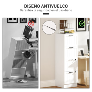 Cajonera Escritorio con 4 Cajones, Cajonera de Oficina, Mueble Archivador, con 2 Cerraduras, Riel Colgante para A4 y Carta, 40x40x131 cm, Blanco