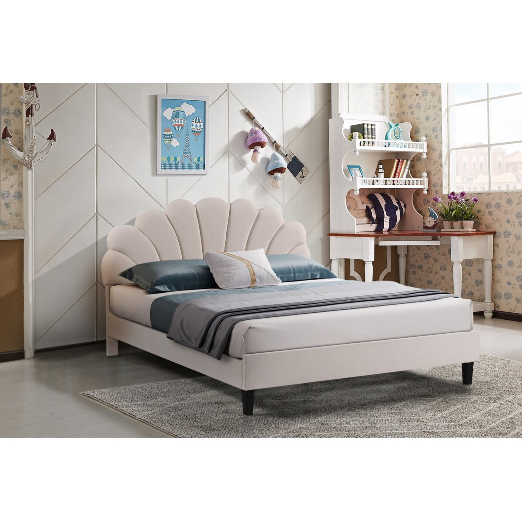 Lit coquillage en velours "Manon" - Beige - 160 x 200 cm