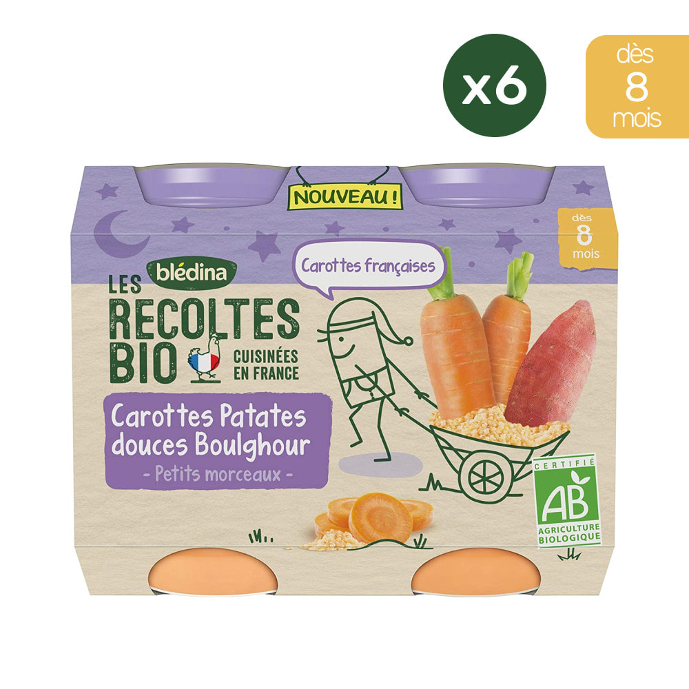 12 Petits Pots Carottes, Patates Douces, Boulghour 6x(2x200g) - Les Récoltes Bio Dès 8 Mois