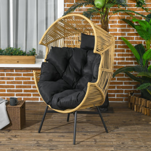 Sillón de Ratán Sintético Silla de Terraza en Forma de Huevo con Reposacabezas Acolchado Cojín y Marco de Acero para Jardín Balcón 89x75x143 cm Arena y Negro