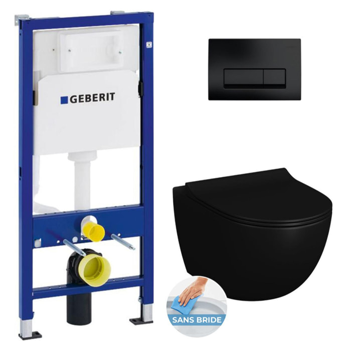 Pack WC Bâti-support Duofix + WC sans bride Vitra SENTO noir mat + Abattant frein de chute + Plaque noire mat