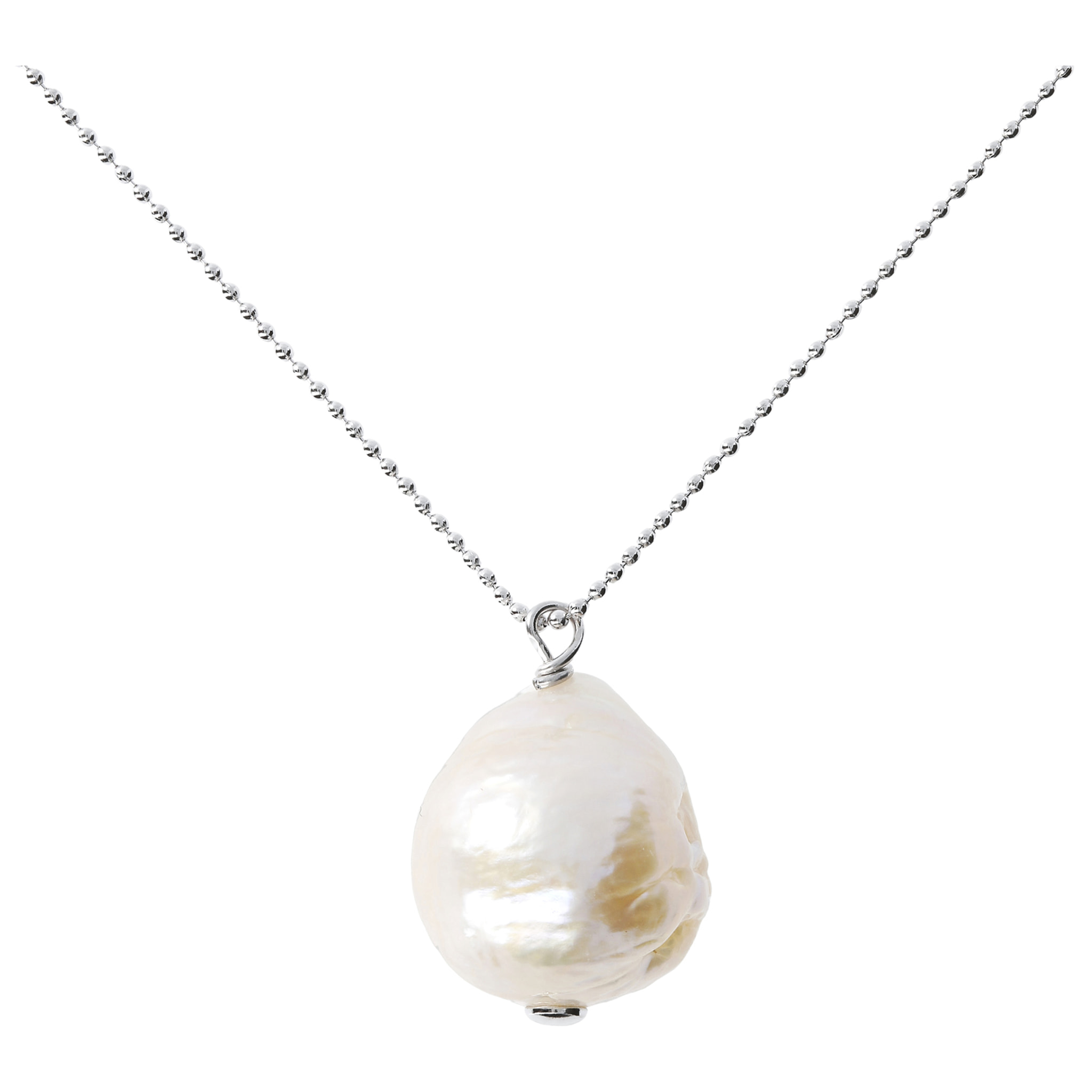 PERLAVIVA - Collana Catena a Palline in Argento 925 placcato Platino con Perla Ming d'Acqua Dolce Bianca Ø 13/14 mm