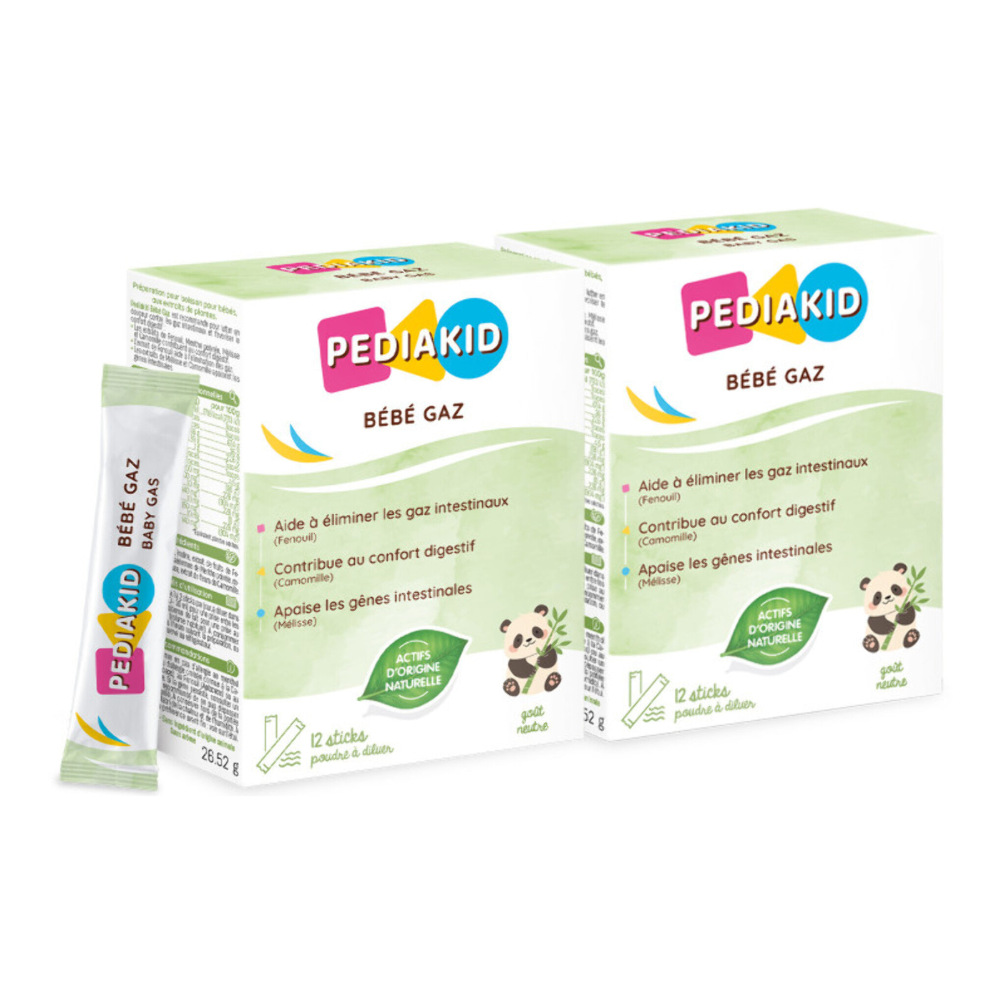 PEDIAKID - Bébé Gaz - Aux extraits de plantes & fibres - Aide à réduire les gaz et à améliorer le confort digestif - Dès la naissance - Format sticks de poudre à diluer facile à utiliser - Lot de 2