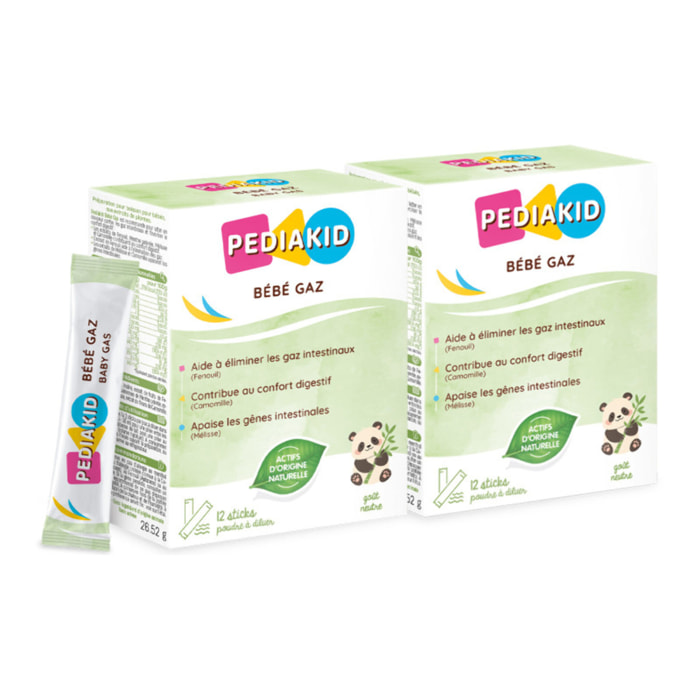PEDIAKID - Bébé Gaz - Aux extraits de plantes & fibres - Aide à réduire les gaz et à améliorer le confort digestif - Dès la naissance - Format sticks de poudre à diluer facile à utiliser - Lot de 2