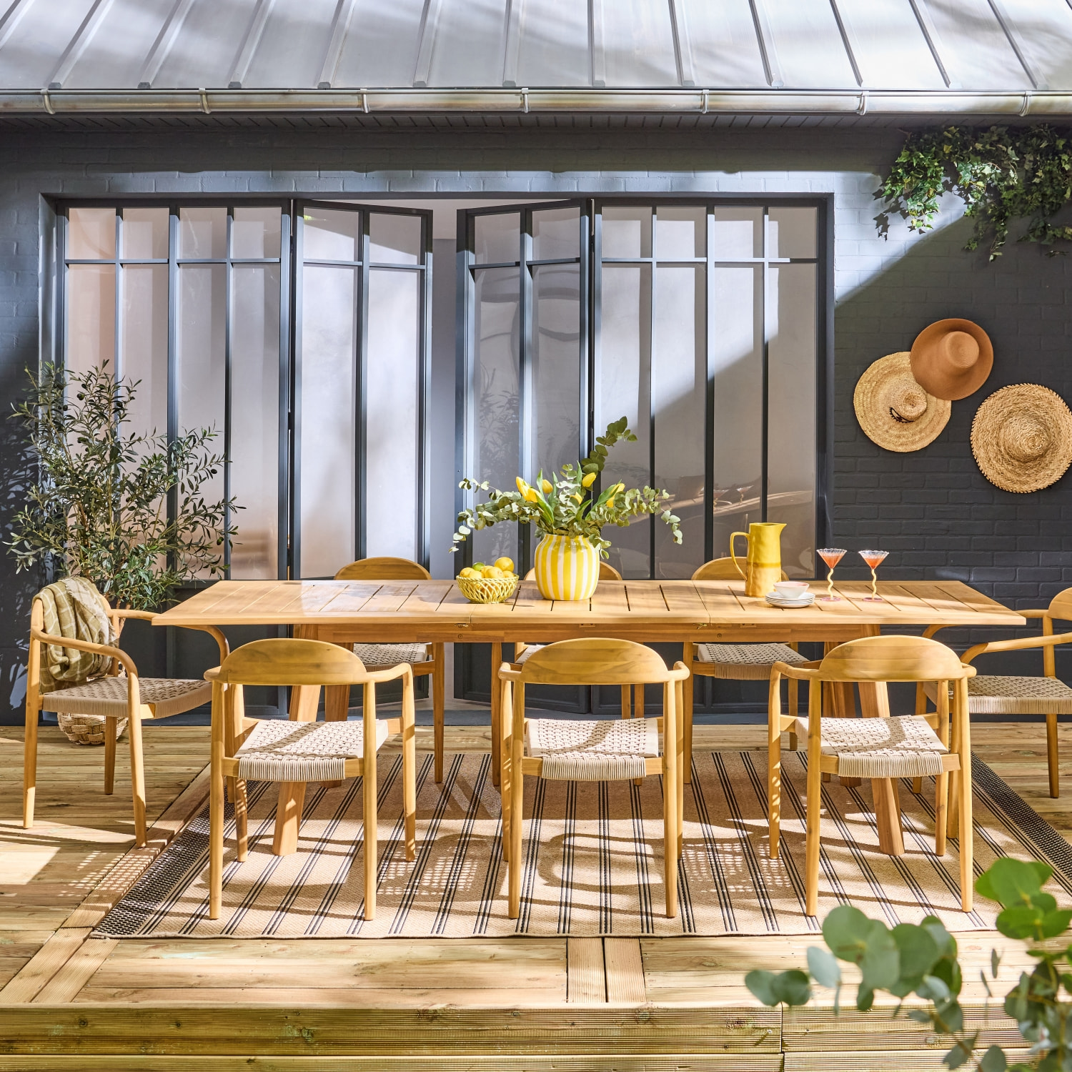 Table de jardin extensible bois d'acacia + 8 assises PALENA et CERINA  naturel et beige 275 x 100 x 75 cm