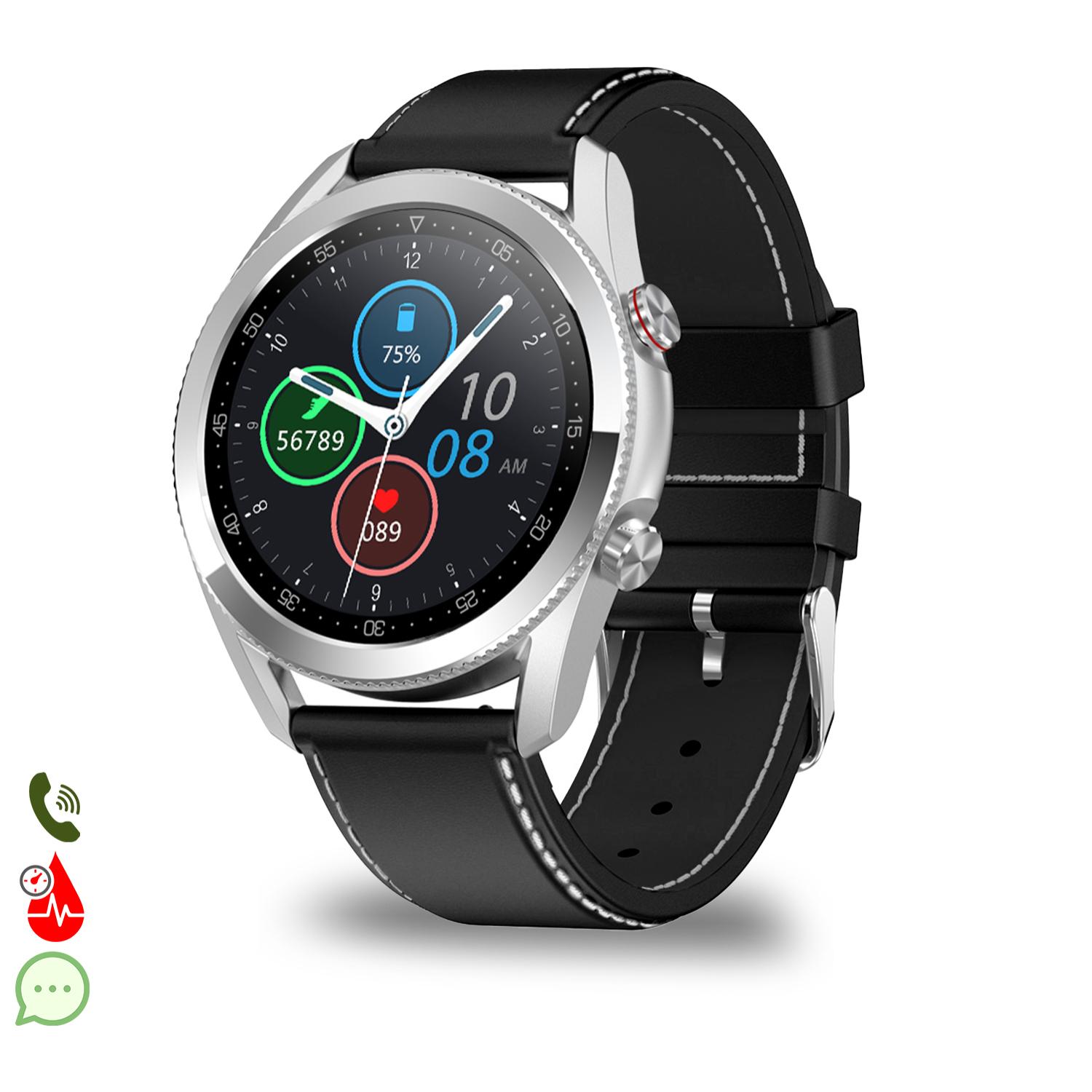 Smartwatch L19 con notifiche dell'applicazione. Monitor sanitario con ECG, pressione sanguigna e monitor dell'ossigeno. Cinturino in pelle.