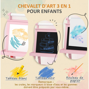 Tableau chevalet enfant 3 en 1 tableau double face enfant avec tableau blanc magnétique tableau à craie rangements bois rose