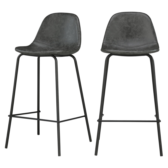 Chaise de bar mi-hauteur Henrik en cuir synthétique grise/noire 65 cm (lot de 2)