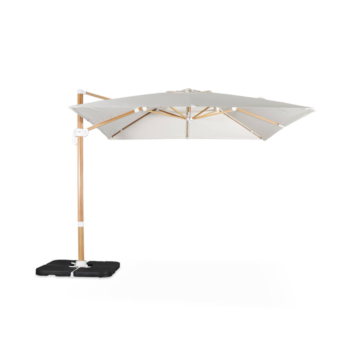 Parasol déporté carré ecru 3x3m structure effet bois + Lot de 4 dalles à lester 50x50cm