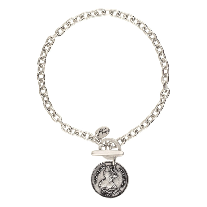 Collar cadena plata charm Gran moneda plata chapado