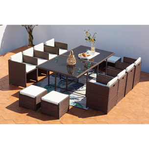 Table et chaises 12 places encastrables résine marron/blanc REGINA