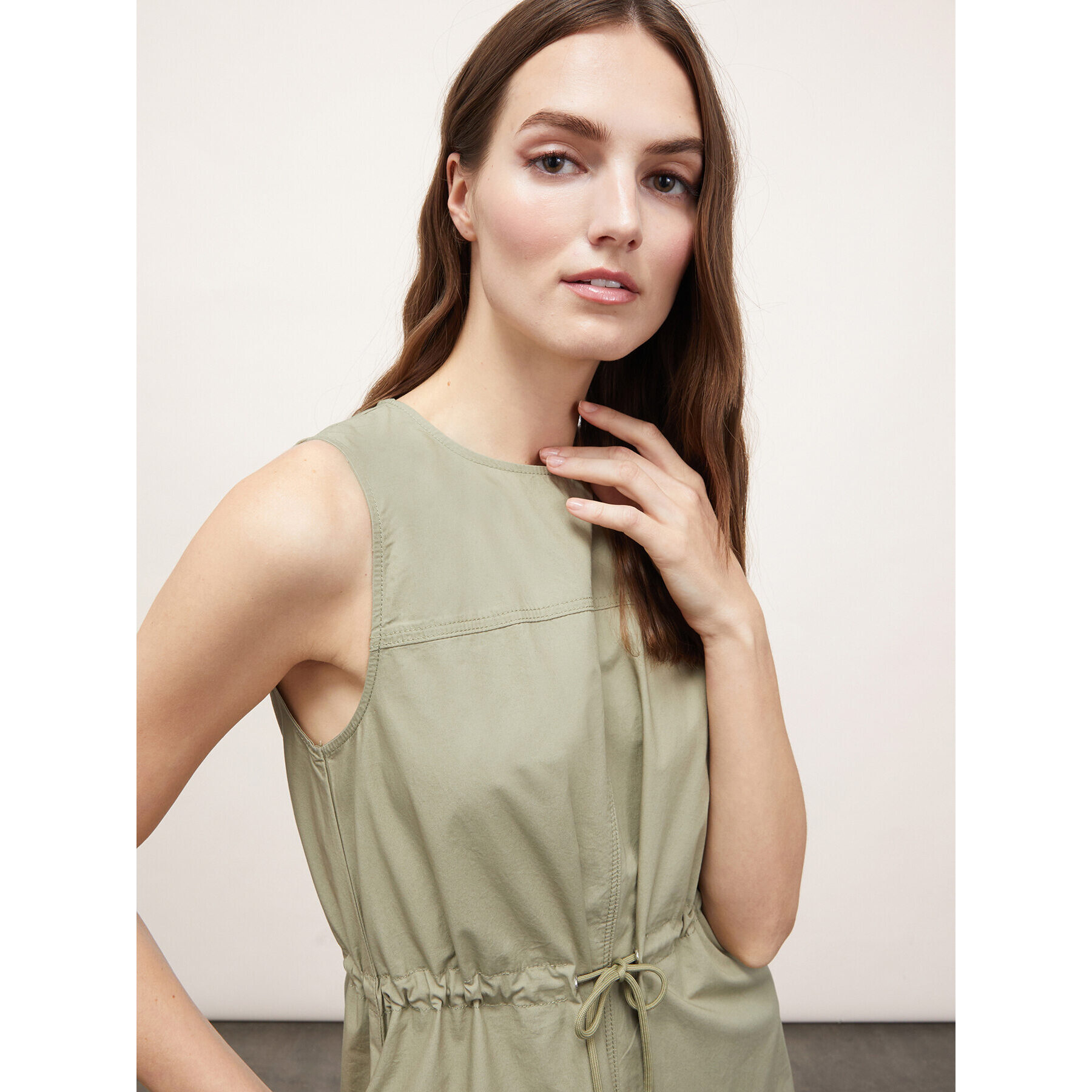 Motivi - Vestido midi de algodón con jareta - Verde claro