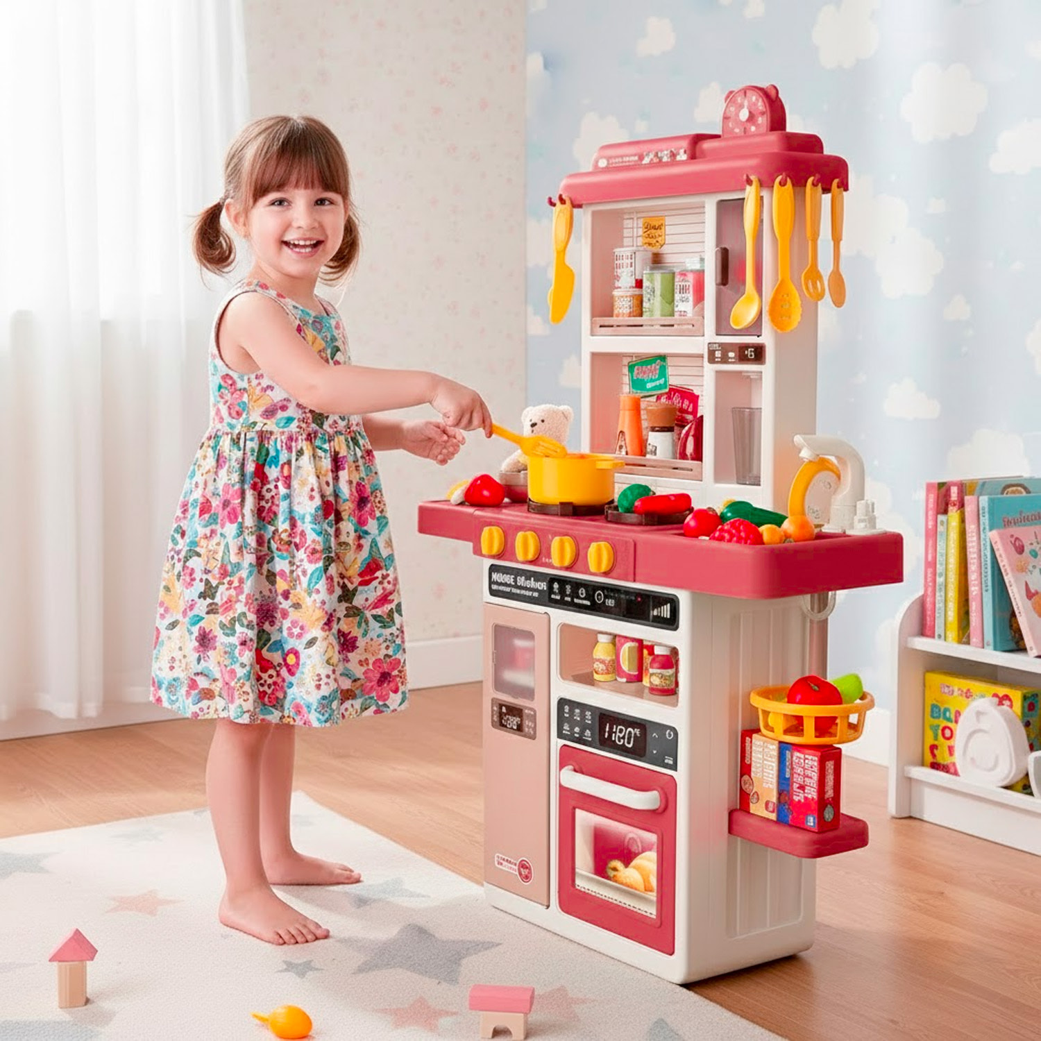 Cucina Giocattolo Bambini Con Luci E Suoni Realistici Rubinetto Con Riciclo Acqua Forno Fornelli Apribili 50 Accessori Gioco Educativo 3–8 Anni Rossa