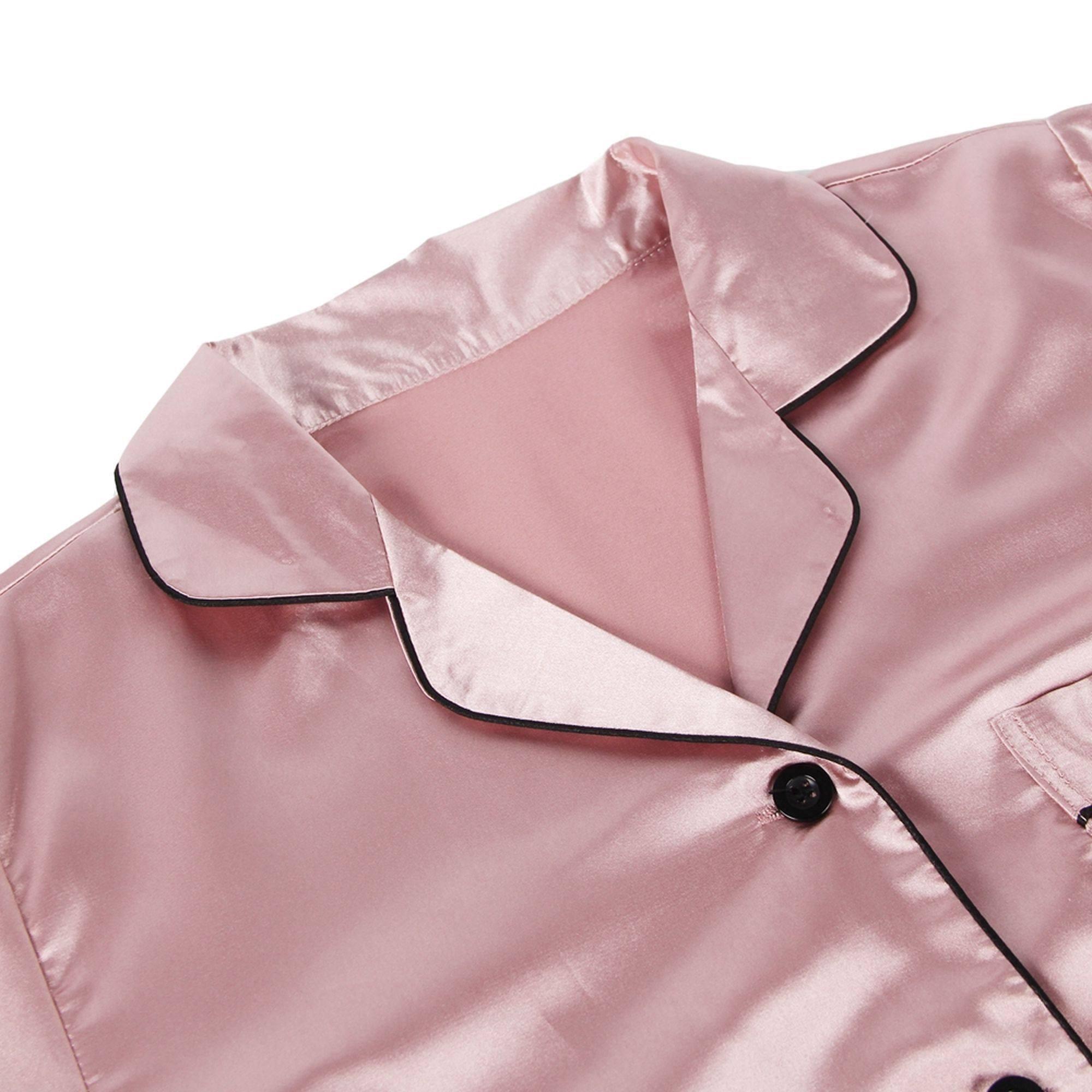 Conjunto de dos piezas ropa de dormir de seda clásica de manga larga rosa