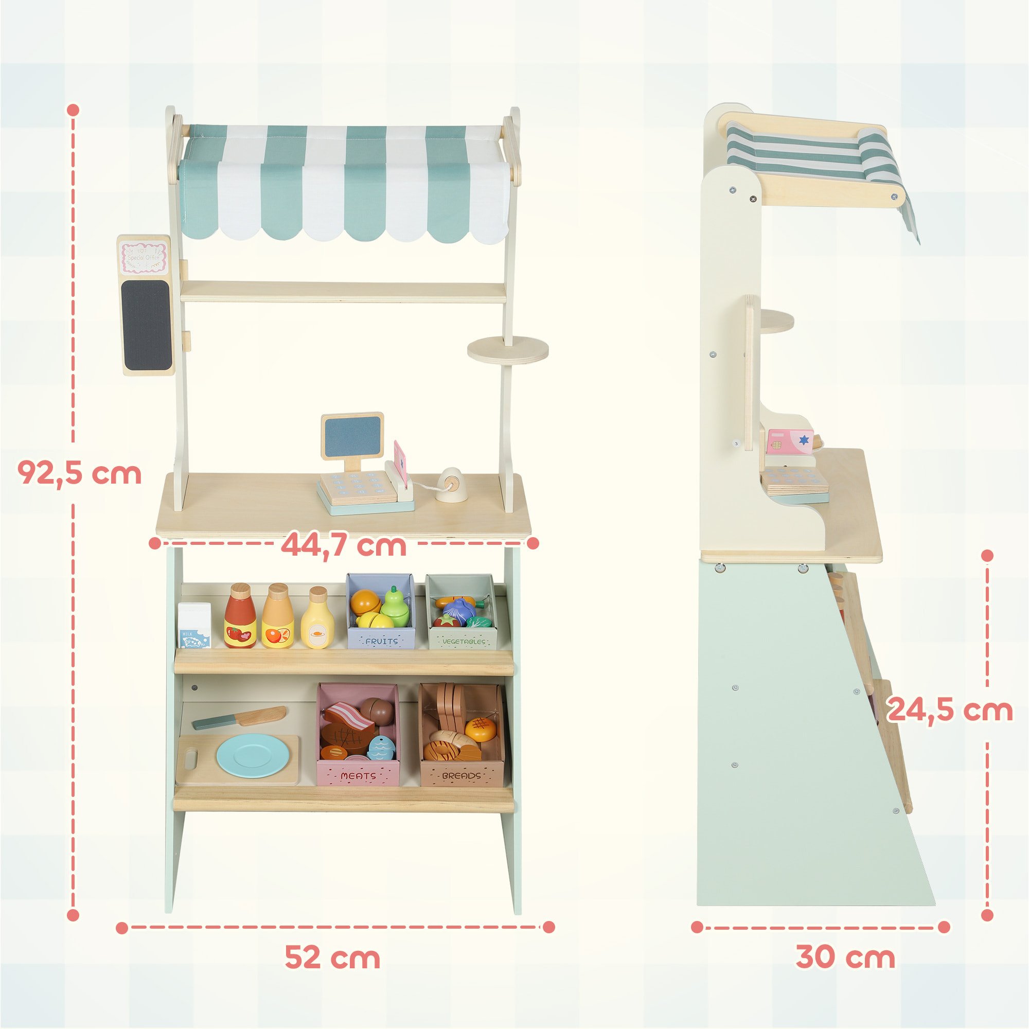 AIYAPLAY Supermercado de Juguete de Madera, Caja Registradora con Escáner y Tarjeta, Puesto de Mercado Infantil con Pizarra, Cajas, Toldo y Accesorios, Regalo para Niños de +3 Años, Verde