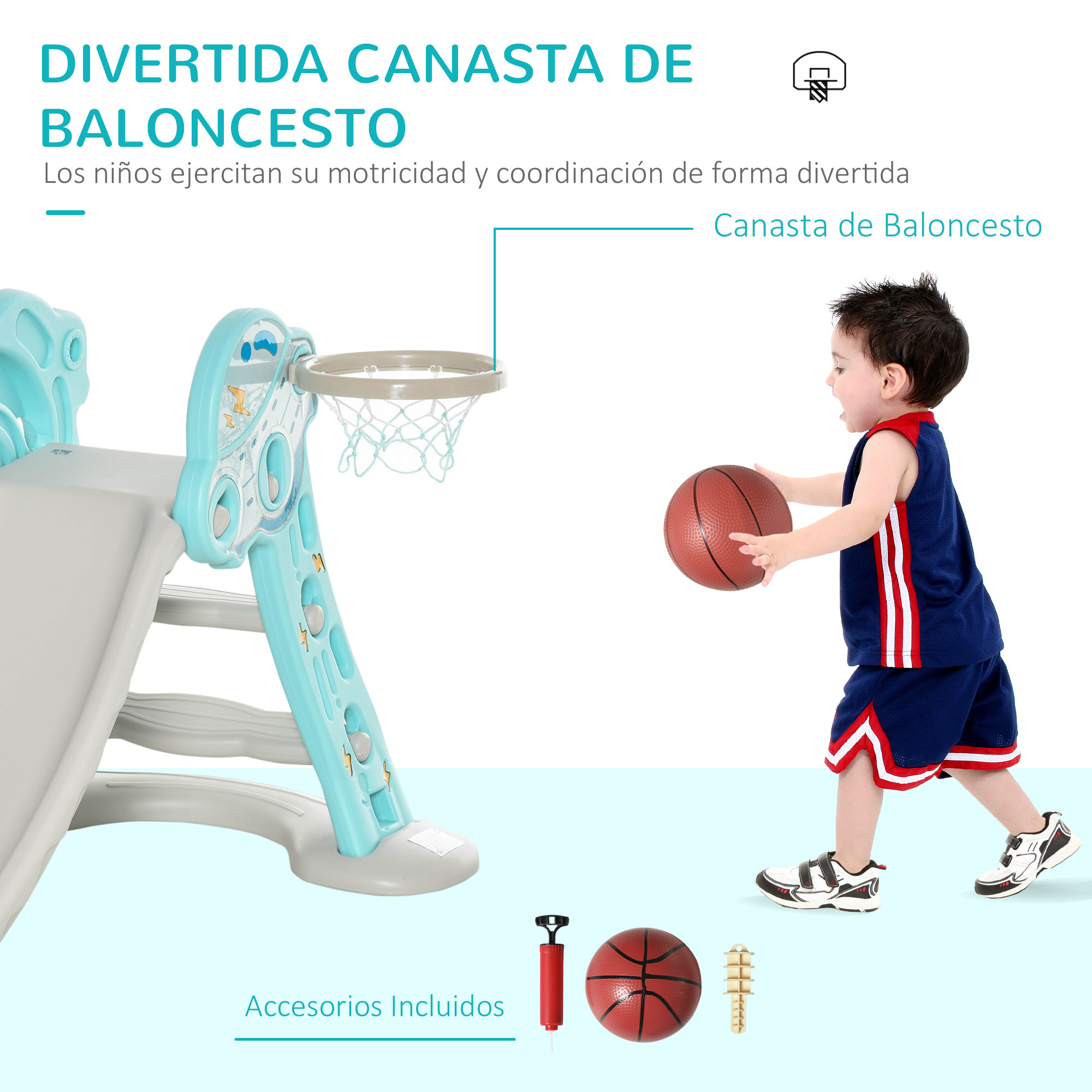 Tobogán para Niños +18 Meses Plegable Modelo Ovni con Canasta de Baloncesto