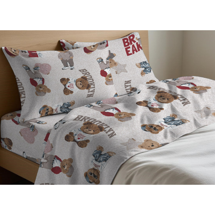 Completo Lenzuola 100% Cotone Made in Italy Fantasia Cameretta Bimbi Disegno Teddy Beige