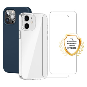 Lot de 2 Coques iPhone 12/12 Pro Transparente et Bleue Antichoc Silicone + 2 Vitres en verre trempé Protection écran