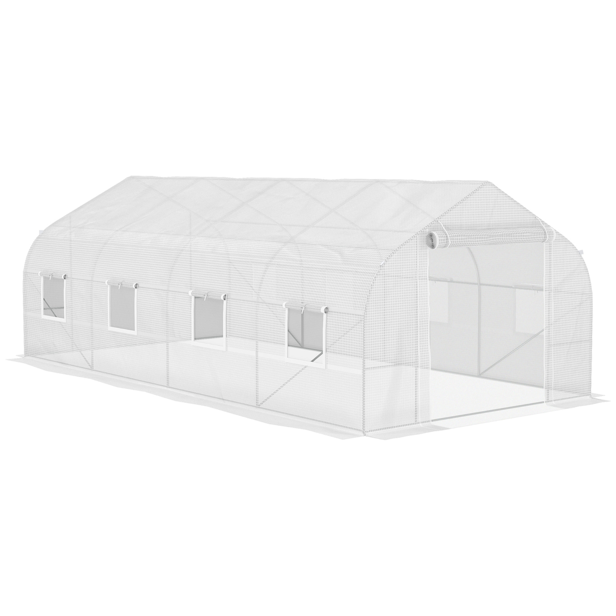 Serre tunnel grande taille 17,85 m² châssis tubulaire acier galvanisé renforcé 2,4 cm 8 fenêtres 1 porte blanc