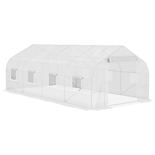 Serre tunnel grande taille 17,85 m² châssis tubulaire acier galvanisé renforcé 2,4 cm 8 fenêtres 1 porte blanc