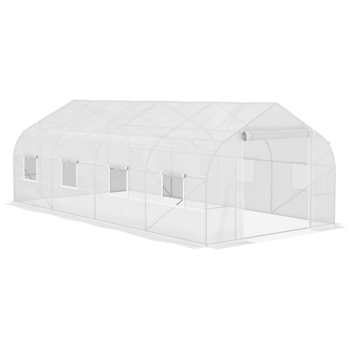 Serre tunnel grande taille 17,85 m² châssis tubulaire acier galvanisé renforcé 2,4 cm 8 fenêtres 1 porte blanc