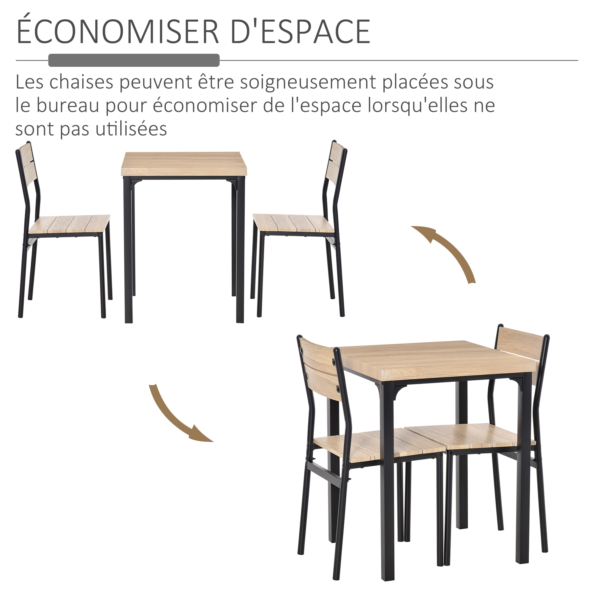 Table avec 2 chaises style industriel acier noir MDF coloris bois de chêne
