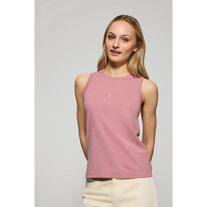 Maglietta basic rosa cipria smanicata a girocollo con logo Rigby Go ricamato