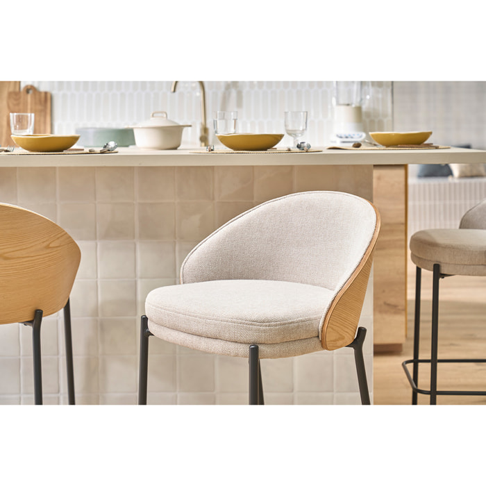 Tabourets de bar en tissu effet velours texturé beige, bois foncé et métal H65 cm (lot de 2) TUCSON