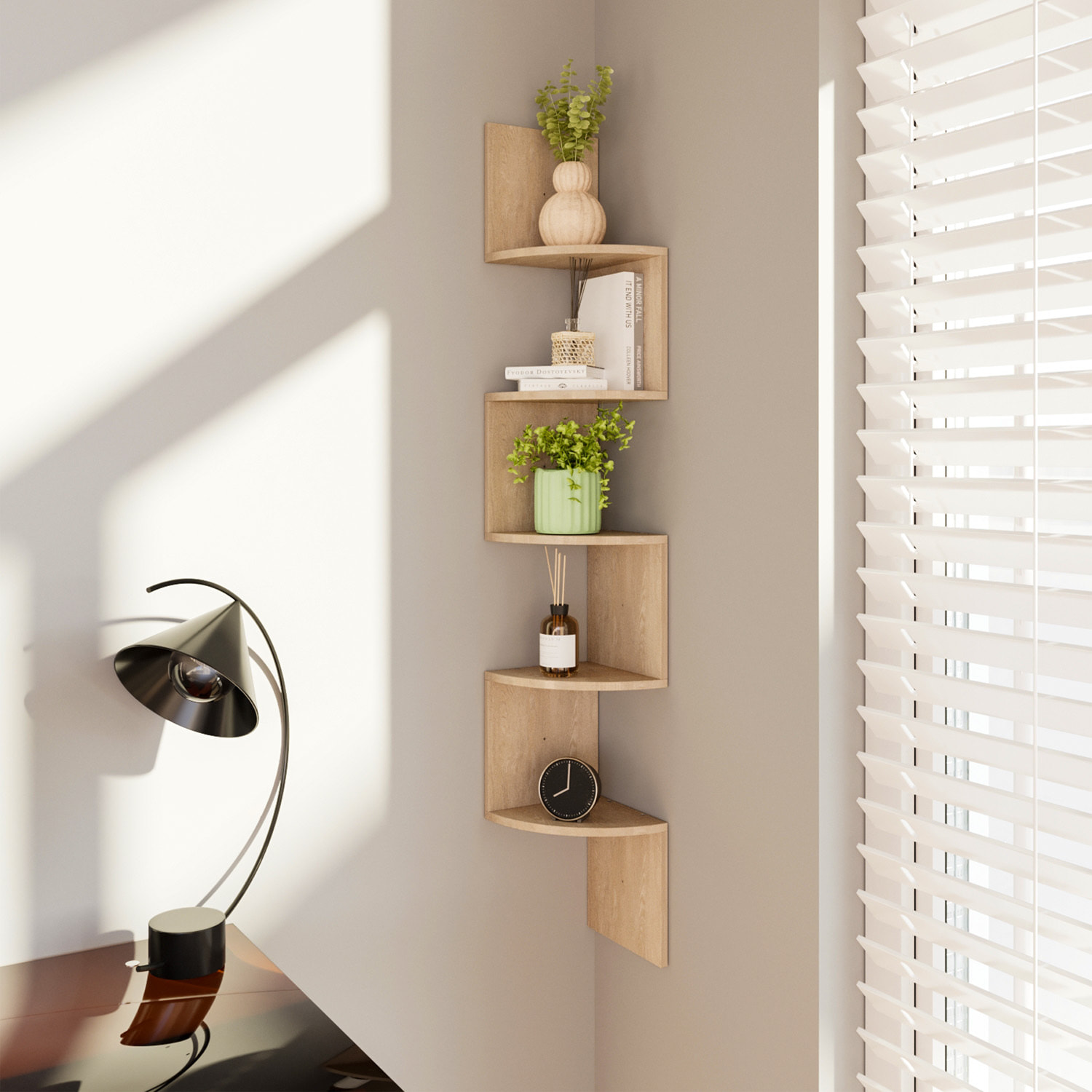 Libreria Angolare Scaffale 5 Ripiani Legno MDF Mensole Espositive da Parete Design Moderno Elegante Casa Soggiorno Salotto Studio 123x20x20 cm Rovere