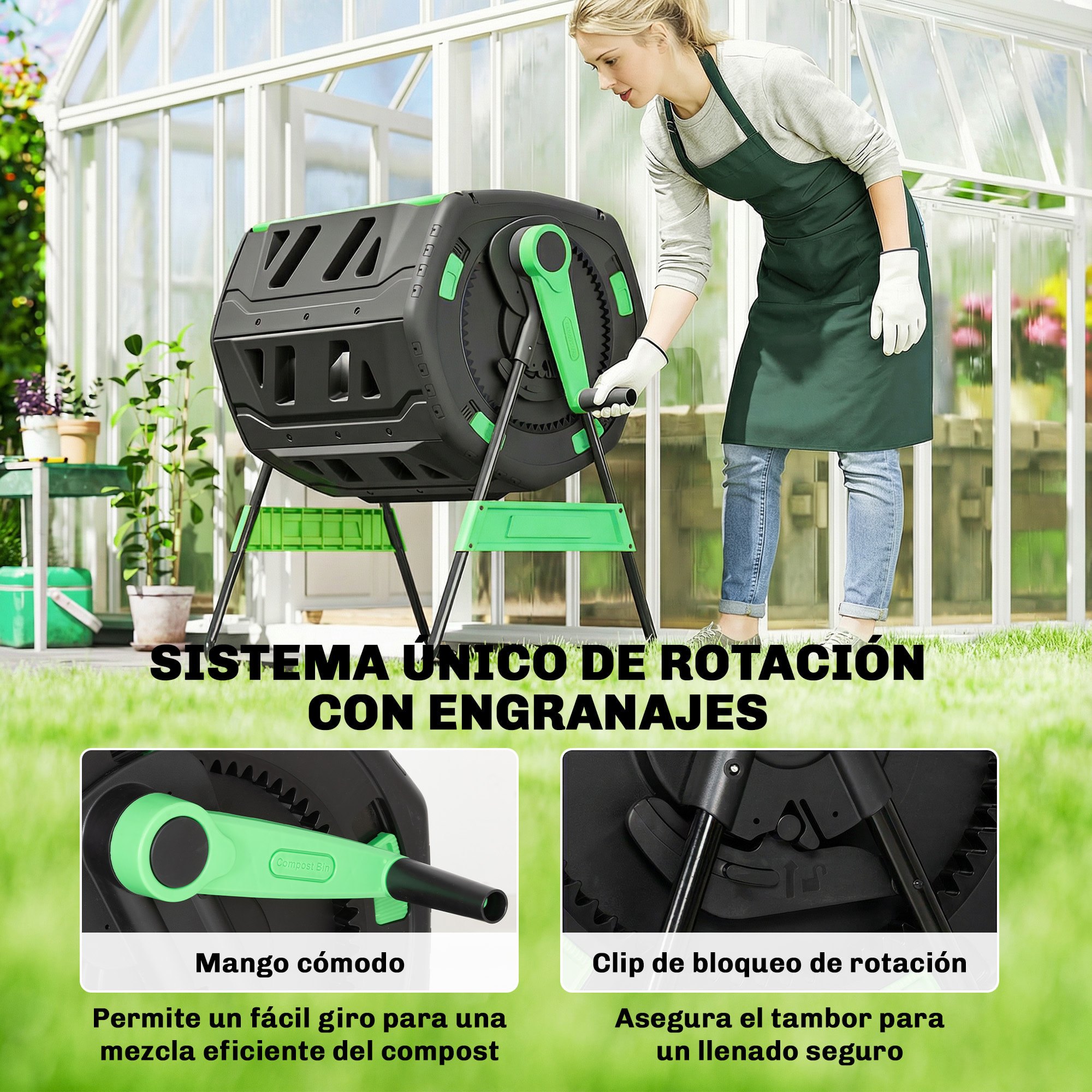 Compostador Giratorio de 200L, Contenedor de Compostaje de Jardín de Doble Cámara, Sin BPA, Compostadora con Aberturas de Ventilación, 2 Puertas Deslizantes y Patas de Metal, Verde