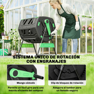 Compostador Giratorio de 200L, Contenedor de Compostaje de Jardín de Doble Cámara, Sin BPA, Compostadora con Aberturas de Ventilación, 2 Puertas Deslizantes y Patas de Metal, Verde