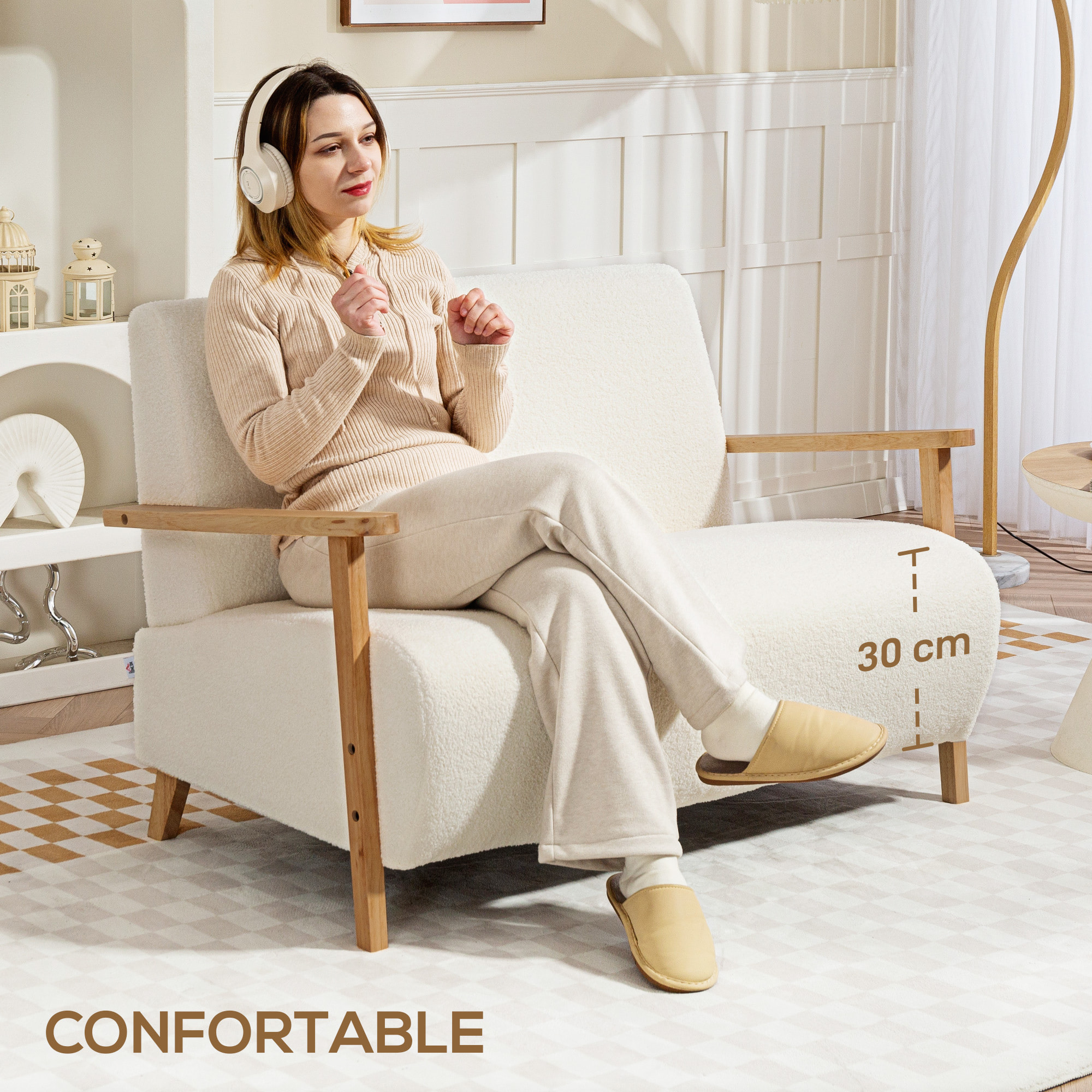 Sofá de 2 Plazas Tapizado en Borreguito Sofá de Salón de 118 cm con Acolchado Grueso Reposabrazos y Patas de Madera para Dormitorio Sala de Estar Crema