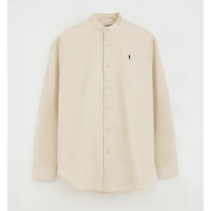 Camisa cotolino beige con cuello mao, corte regular y bordado Rigby Go