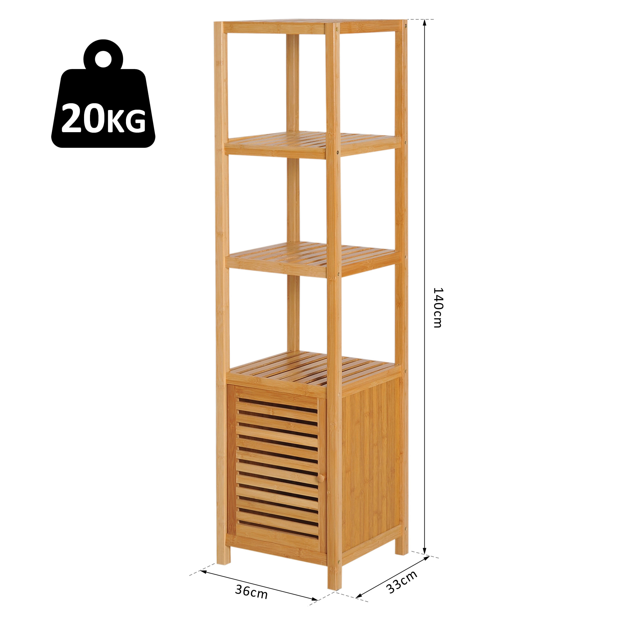 Meuble colonne rangement salle de bain bambou design naturel 36L x 33l x 140H cm 2 étagères 4 niveaux + placard