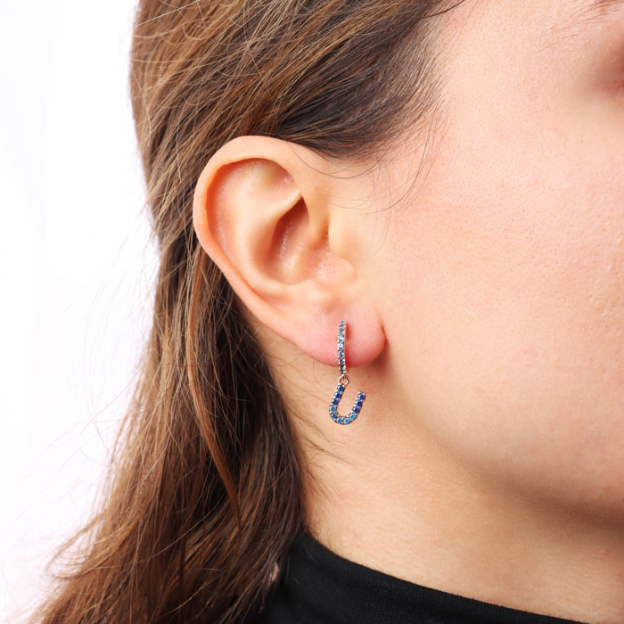 Orecchino Pendente con Lettera U in Pavé di Cubic Zirconia Blu
