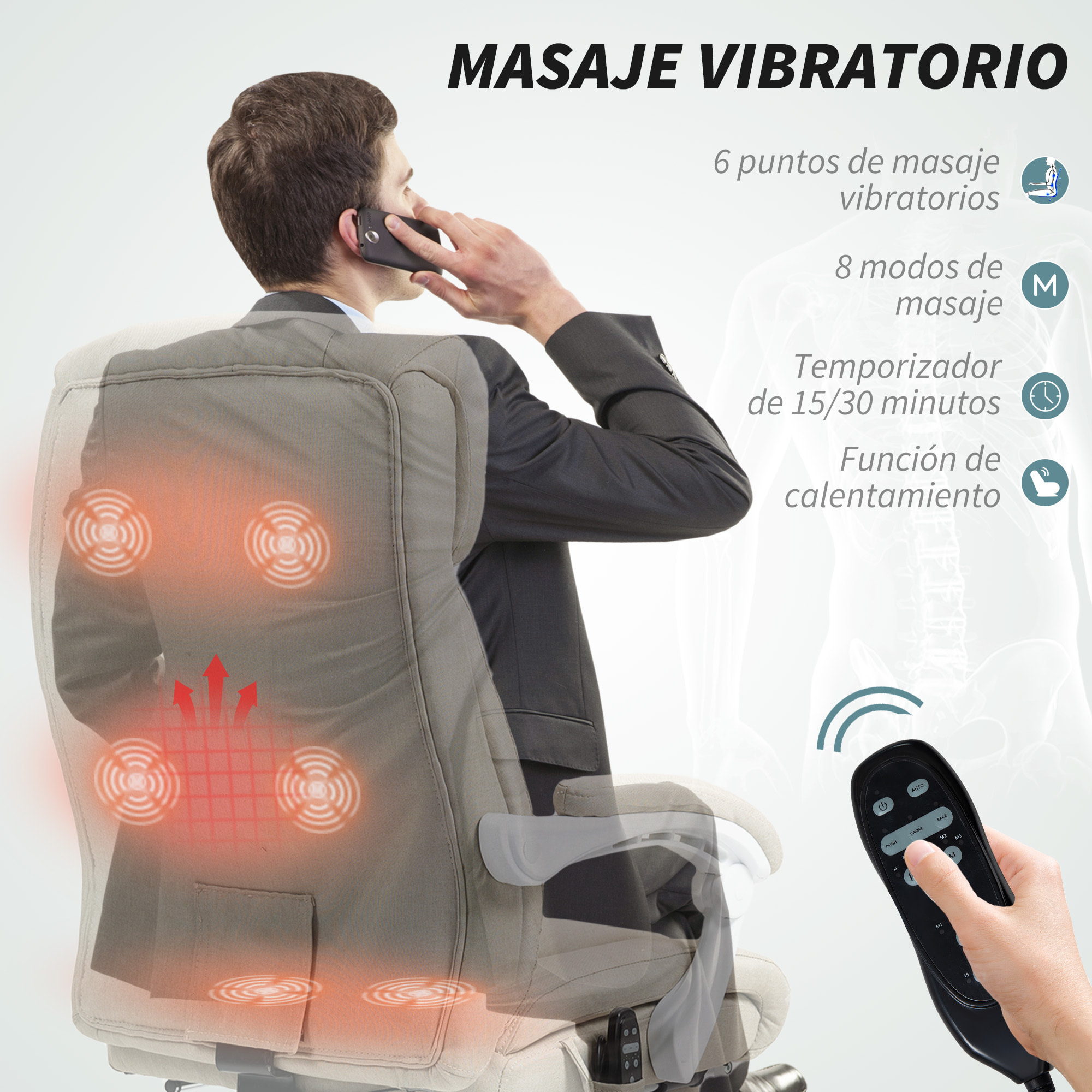 Silla de Oficina con Masaje de 6 Puntos Reclinable Silla de Escritorio Giratoria con Función de Calefacción Altura Ajustable Reposapiés Respaldo Alto y Mando a Distancia para Estudio Beige