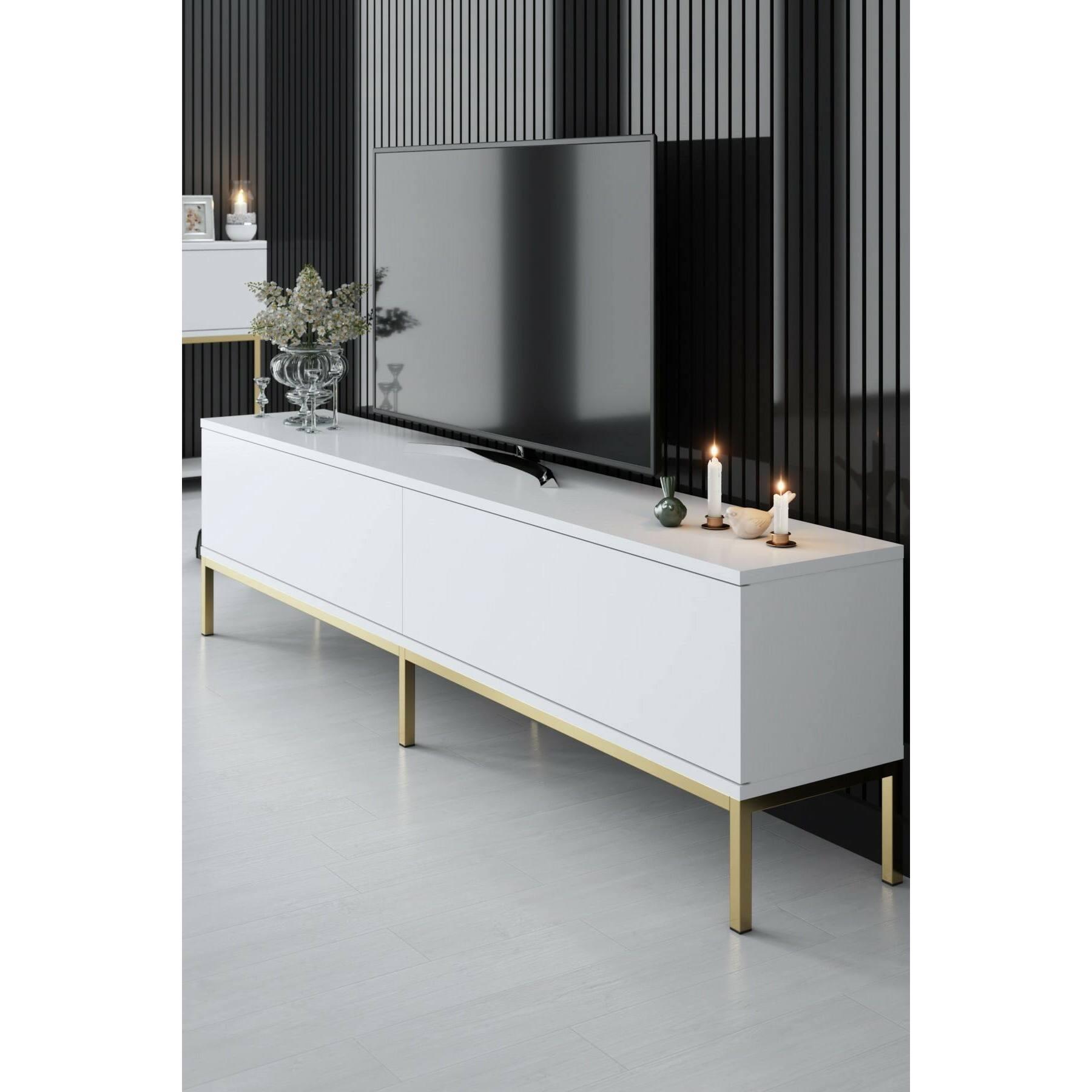 Mobile porta TV Dpetrell, Credenza da soggiorno, Armadio basso per TV, Base parete attrezzata, 180x30h47 cm, Bianco e Oro