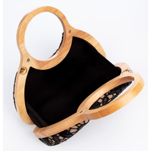 Avisio bolso de mano fabricado en madera natural, algodón y jute con diseño malla de tejido floral