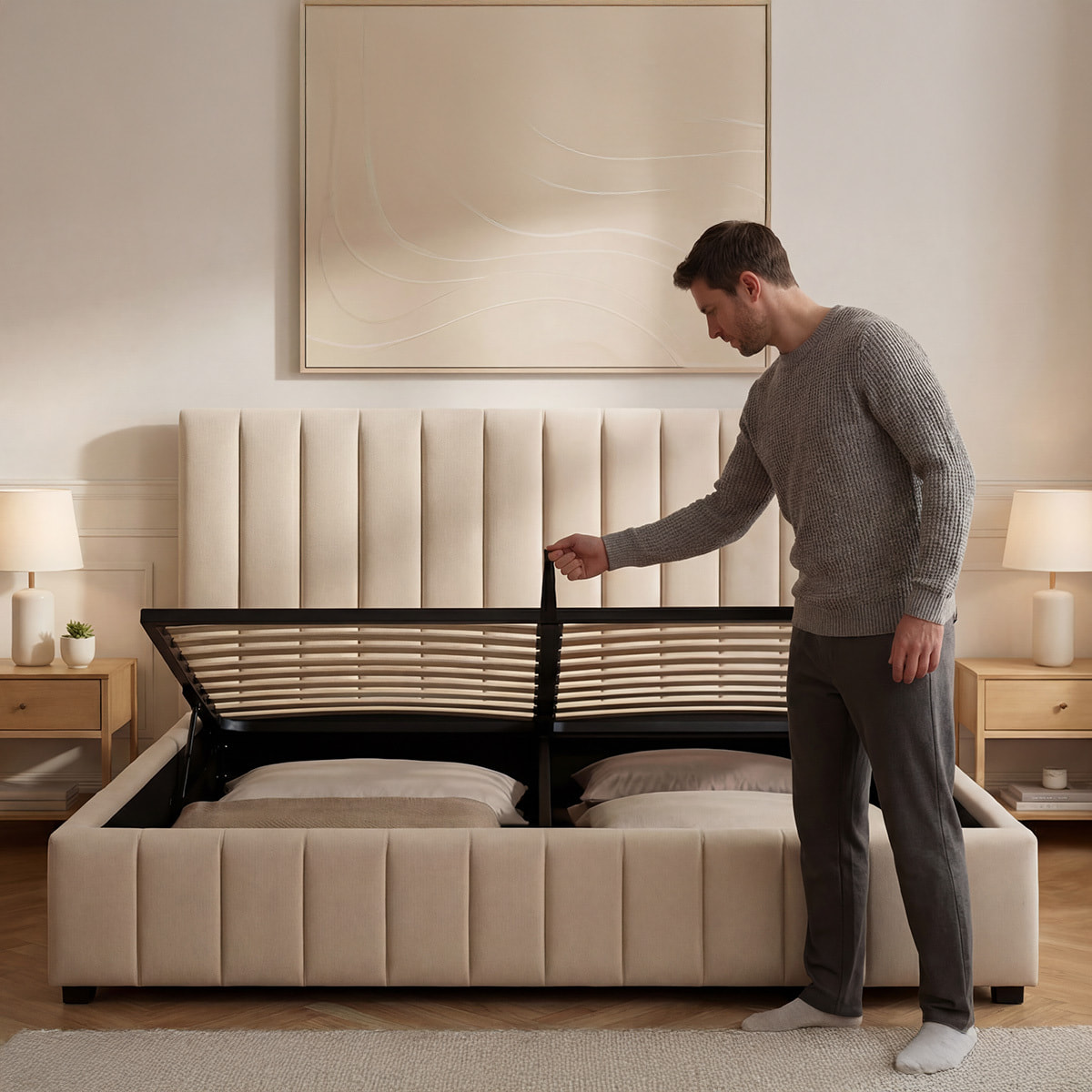 Lit Coffre Trocadéro en Velours Beige, Grand espace de Rangement, Tête de Lit Rembourrée, Sommier à Lattes Actives, Robuste et Confortable