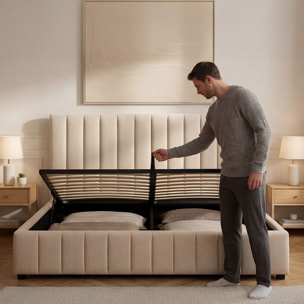 Lit Coffre Trocadéro en Velours Beige, Grand espace de Rangement, Tête de Lit Rembourrée, Sommier à Lattes Actives, Robuste et Confortable