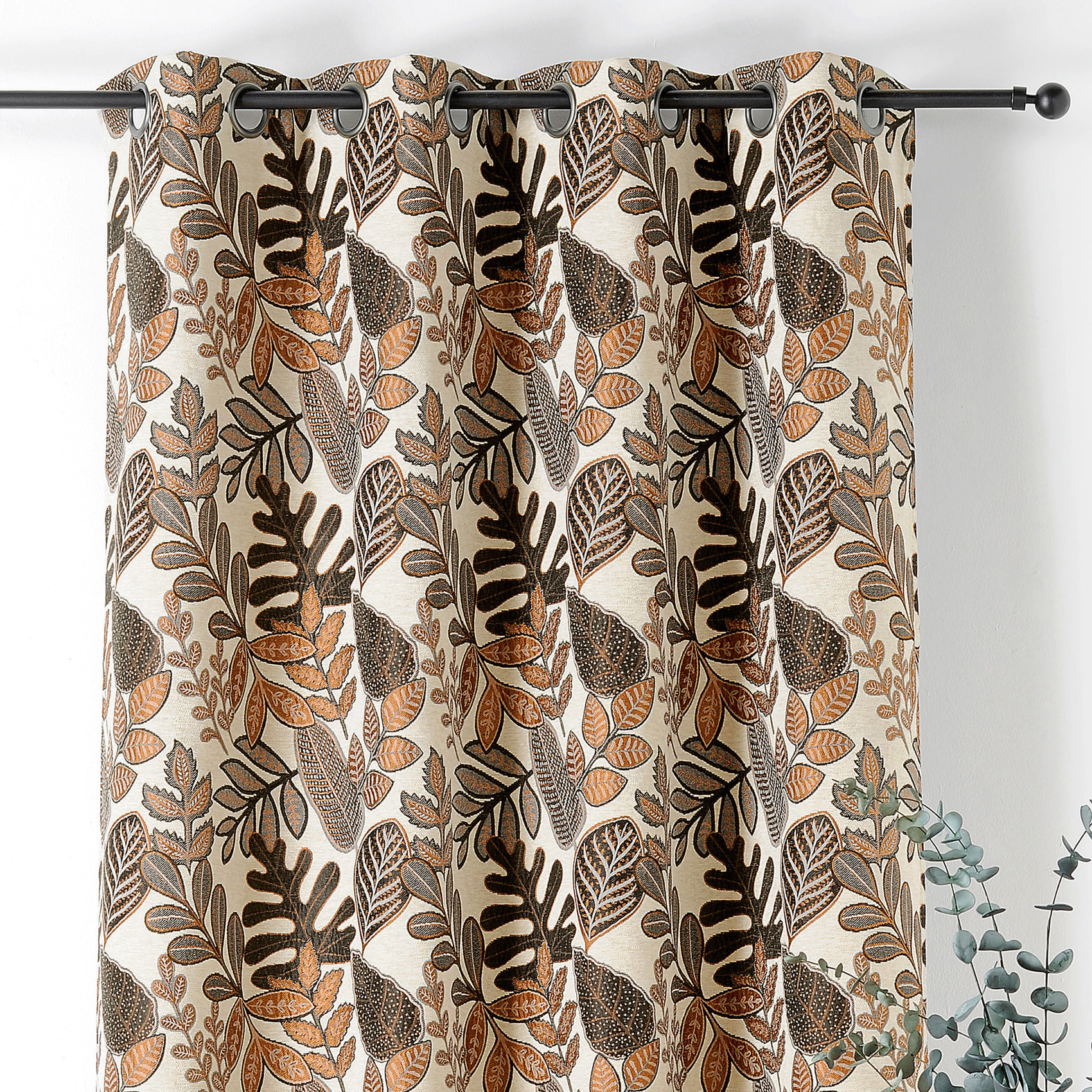 Rideau à Oeillets Motif Végétal Vintage - Marron Brun