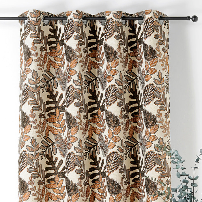 Rideau à Oeillets Motif Végétal Vintage - Marron Brun