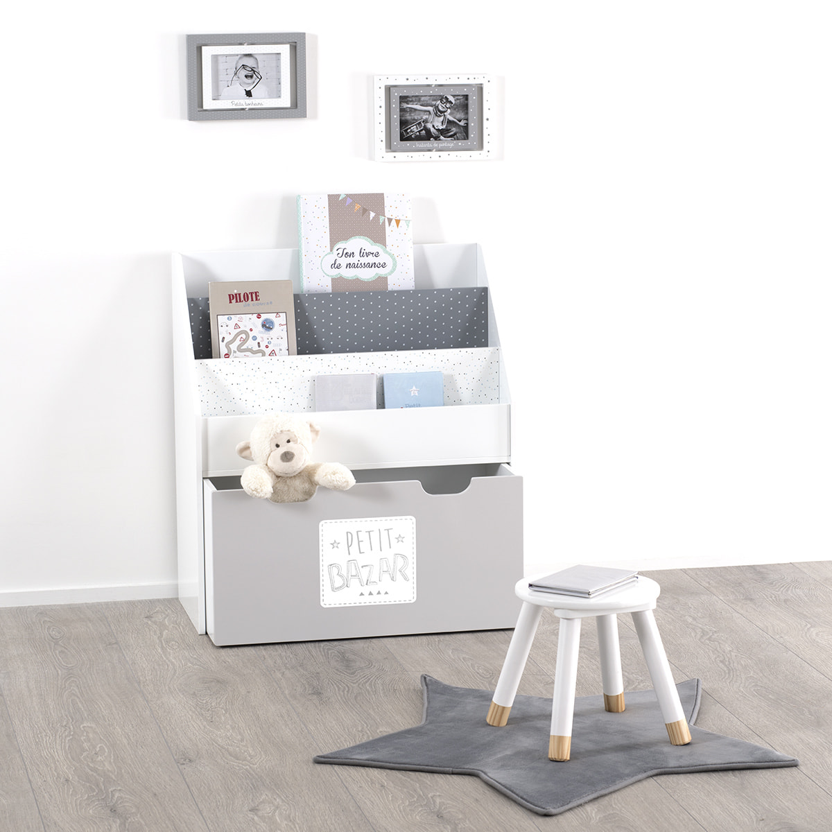 Bibliothèque enfant à roulettes gris H70cm